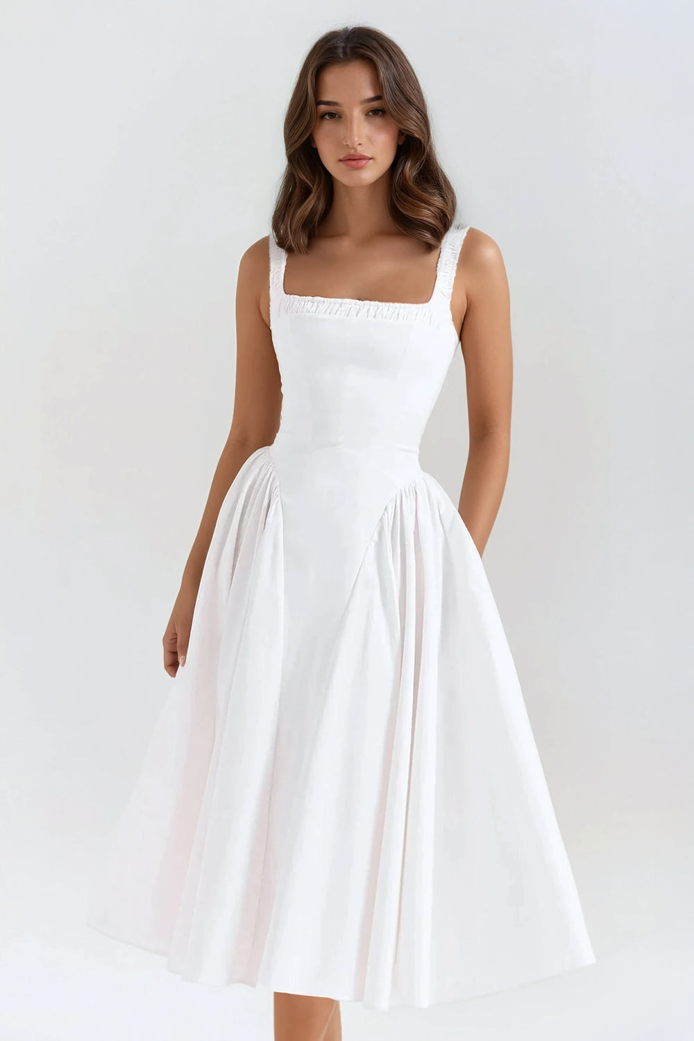 Ruched Strap Midi Dress - White