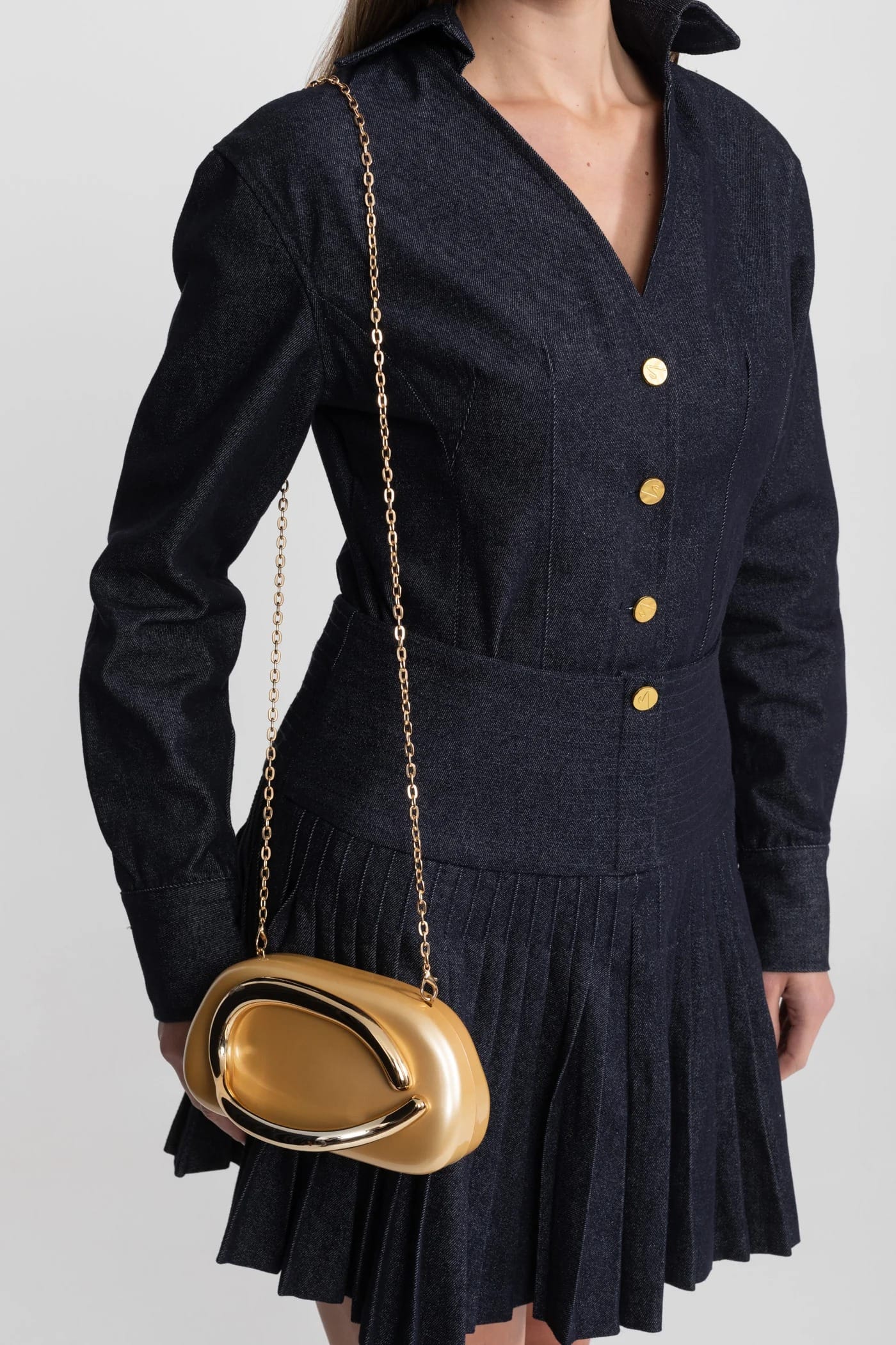 Two-Piece Set with Button-Up Long Sleeve Top and Pleated Skirt - Dark Blue