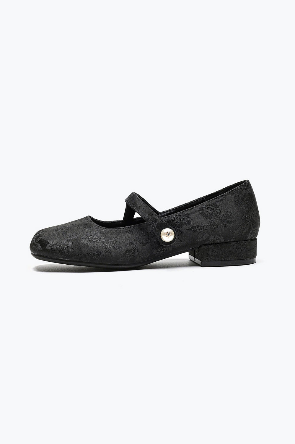 Floral Textured Shoes with Pearl Button Strap - Black