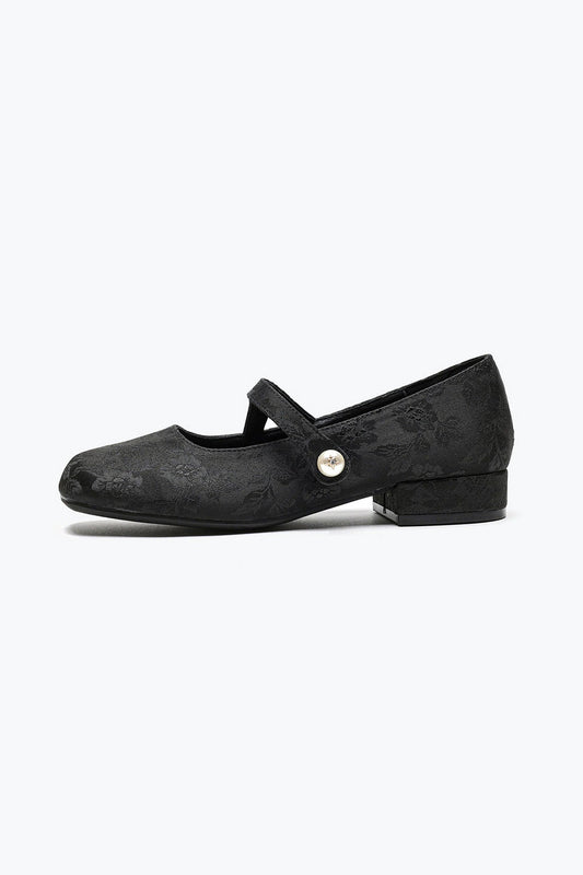 Floral Textured Shoes with Pearl Button Strap - Black