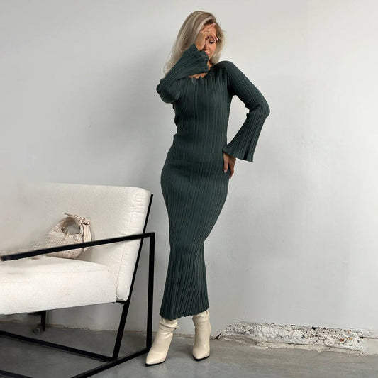 Ribbed Maxi Dress with Bell Sleeves - Green