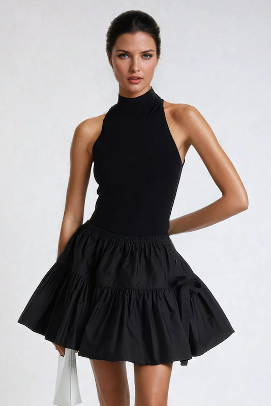 Ruffled Tiered Mini Skirt with Elastic Waist - Black