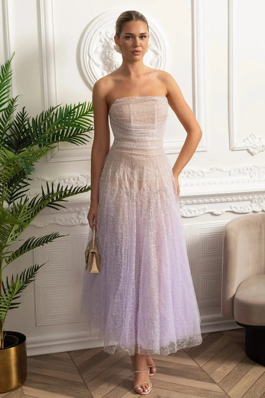 Strapless Sequin Midi Dress With Corset Bodice - Purple