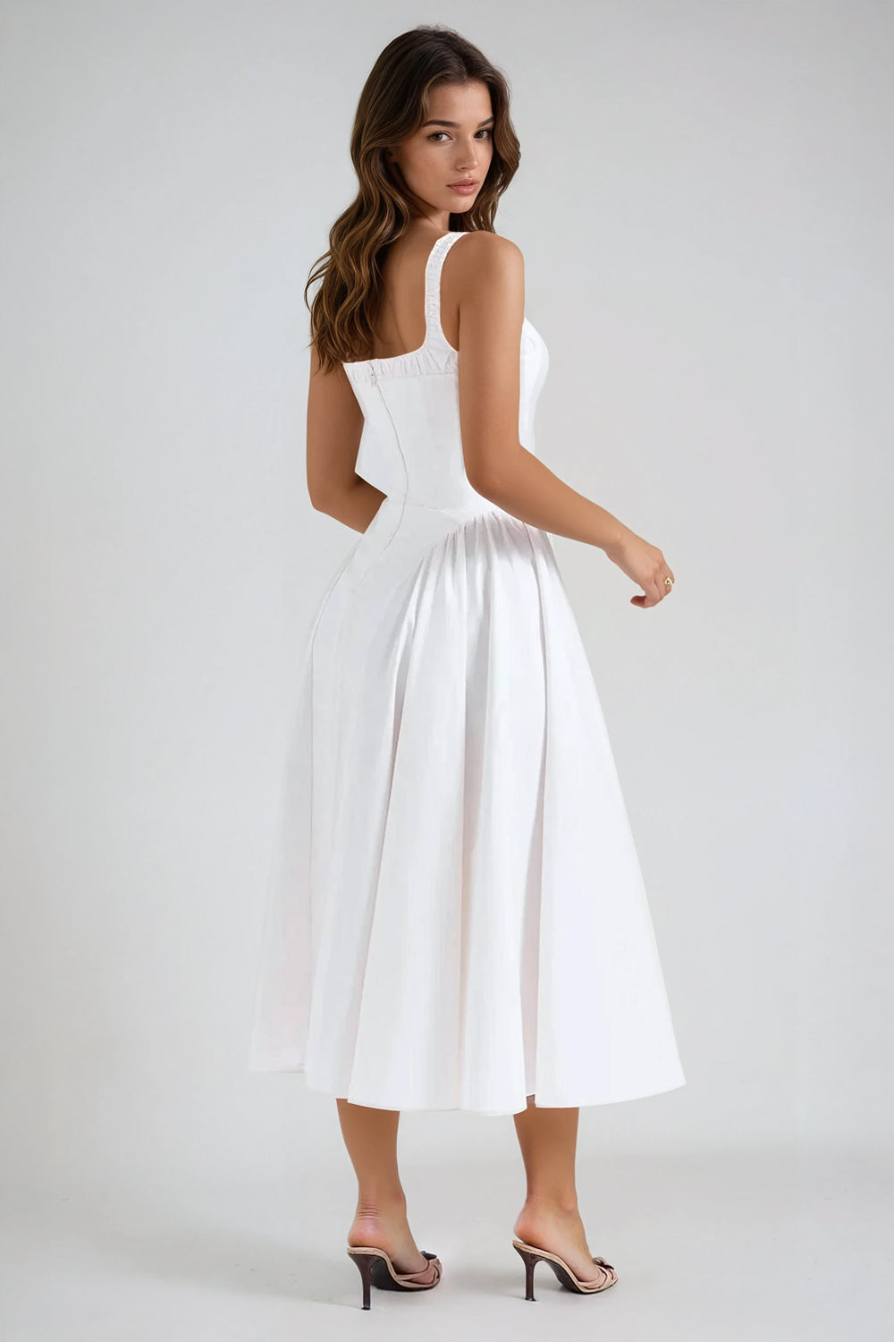 Ruched Strap Midi Dress - White