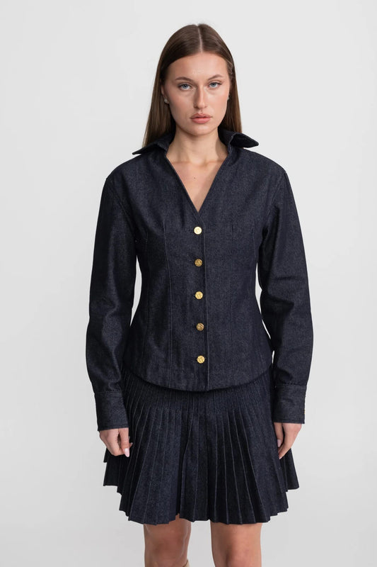 Two-Piece Set with Button-Up Long Sleeve Top and Pleated Skirt - Dark Blue