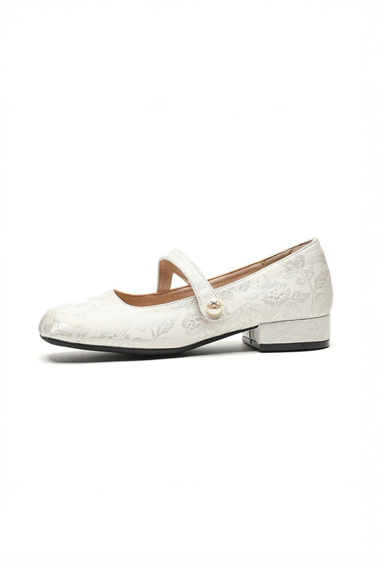Floral Textured Shoes with Pearl Button Strap - Ivory