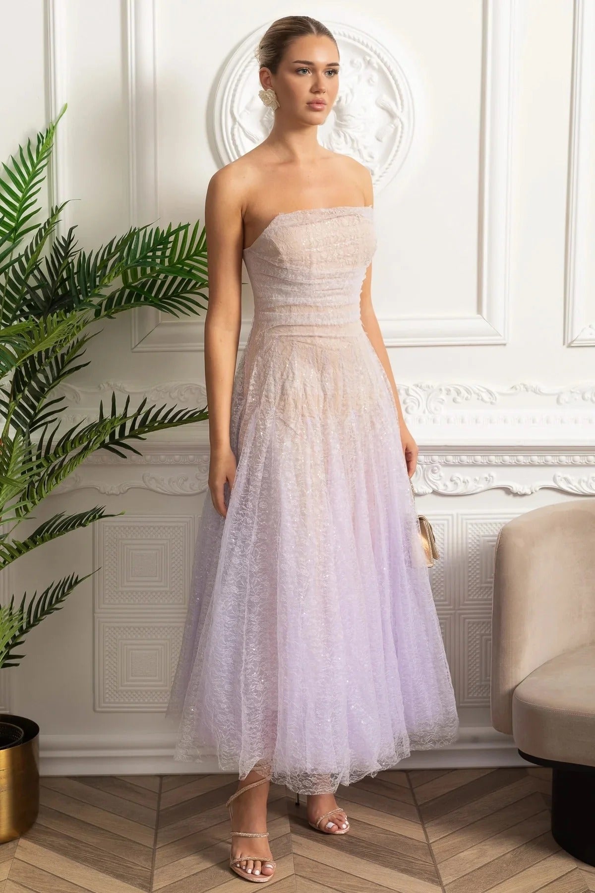 Strapless Sequin Midi Dress With Corset Bodice - Purple