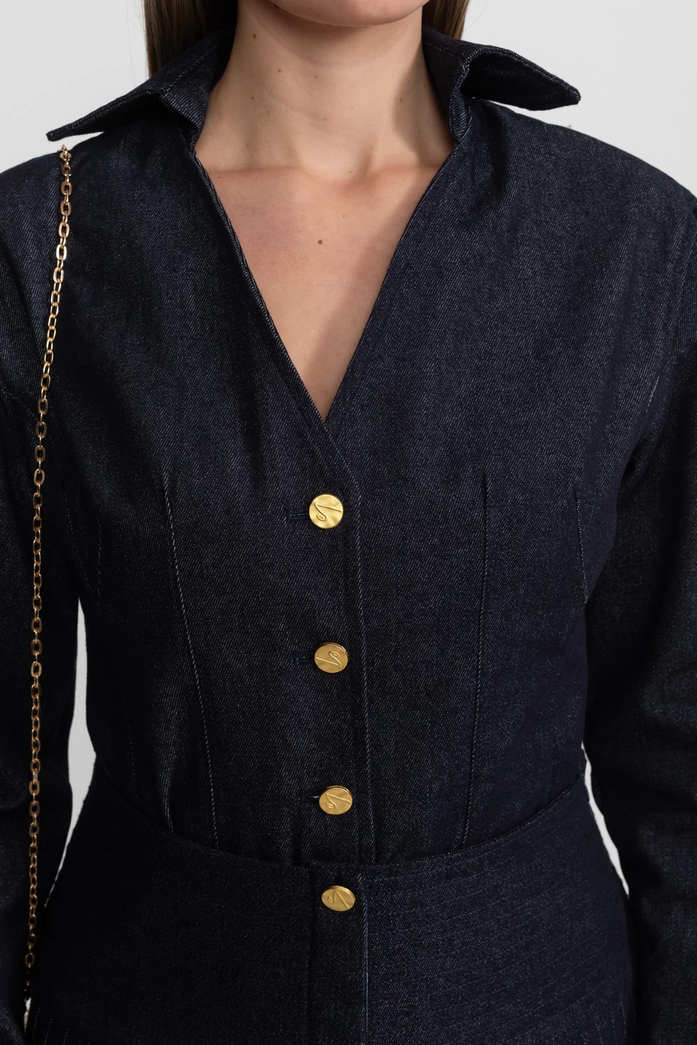 Two-Piece Set with Button-Up Long Sleeve Top and Pleated Skirt - Dark Blue