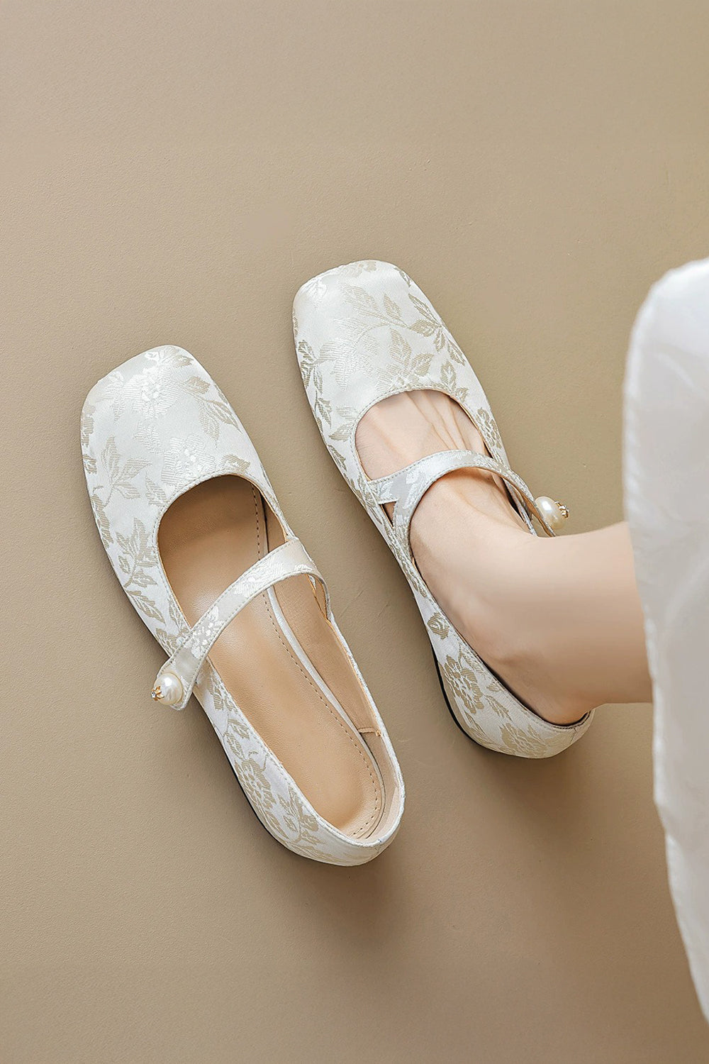 Floral Textured Shoes with Pearl Button Strap - Ivory