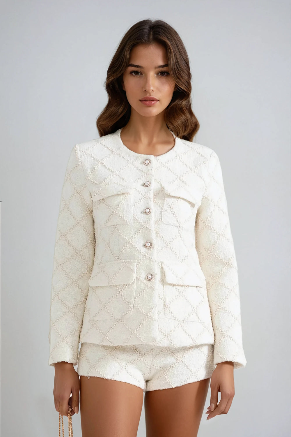 Two-Piece Set with Textured Jacket and Shorts - White