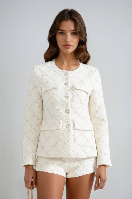 Two-Piece Set with Textured Jacket and Shorts - White