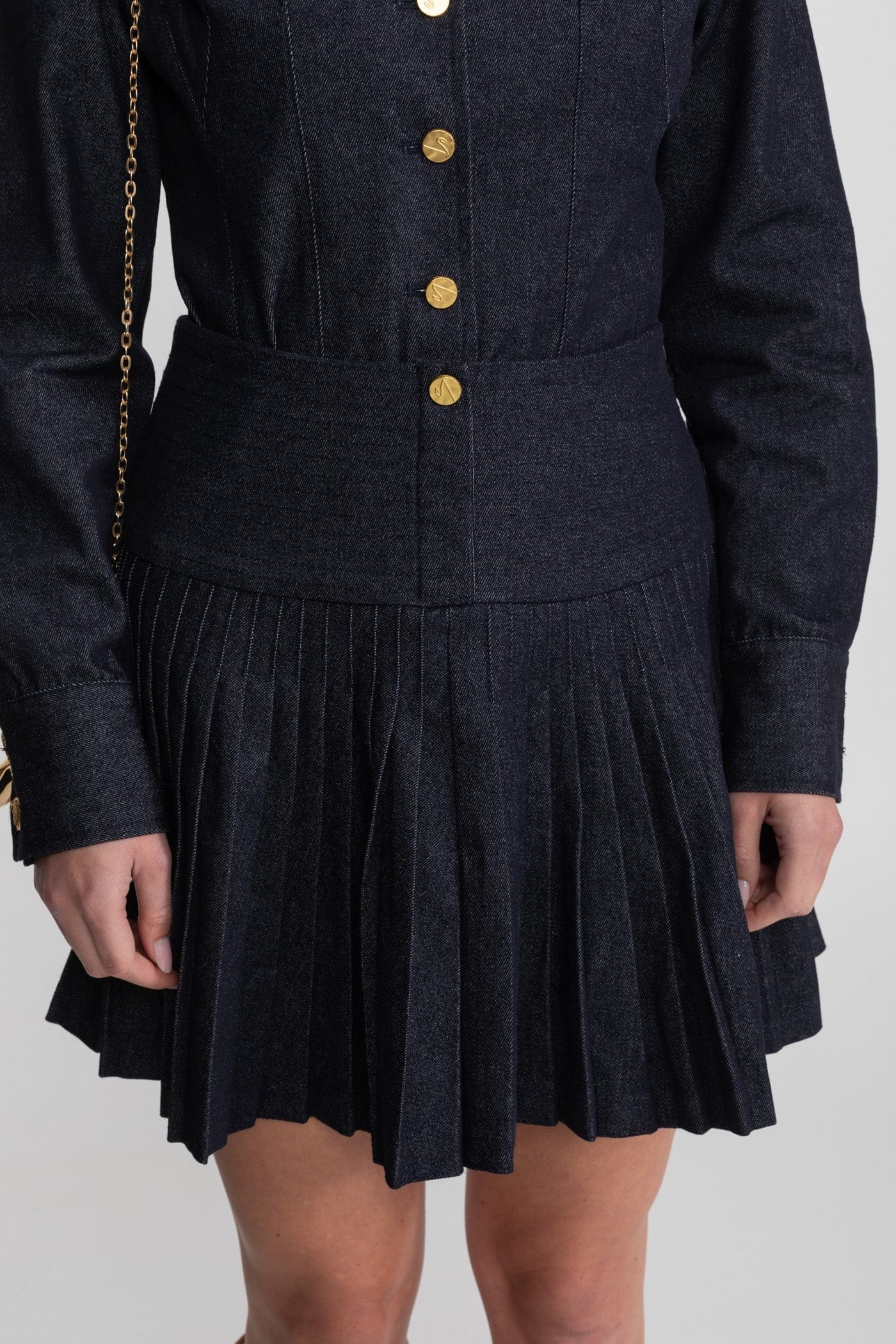 Two-Piece Set with Button-Up Long Sleeve Top and Pleated Skirt - Dark Blue