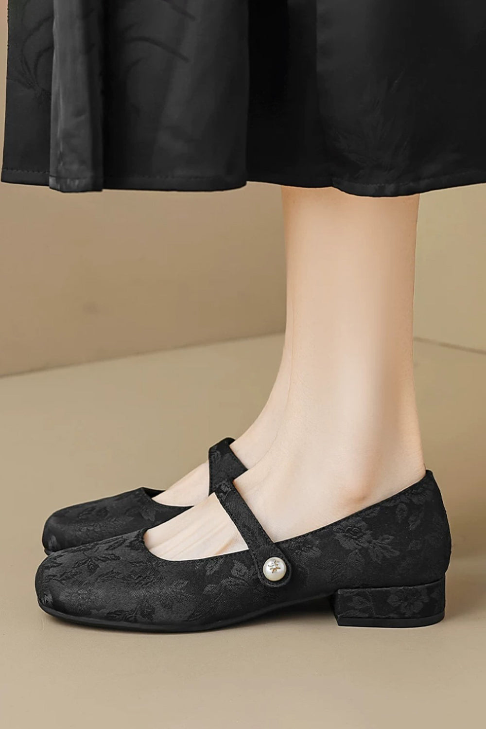 Floral Textured Shoes with Pearl Button Strap - Black