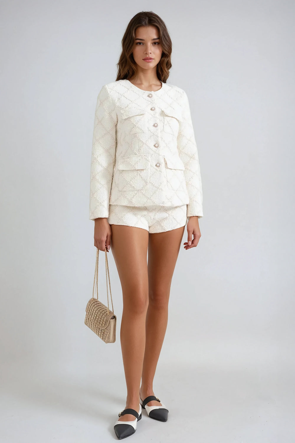 Two-Piece Set with Textured Jacket and Shorts - White