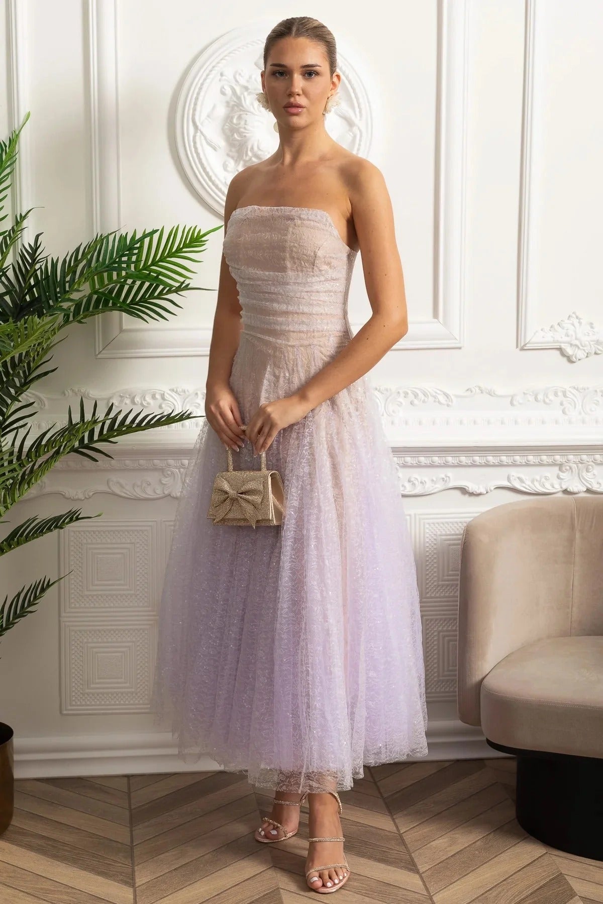Strapless Sequin Midi Dress With Corset Bodice - Purple