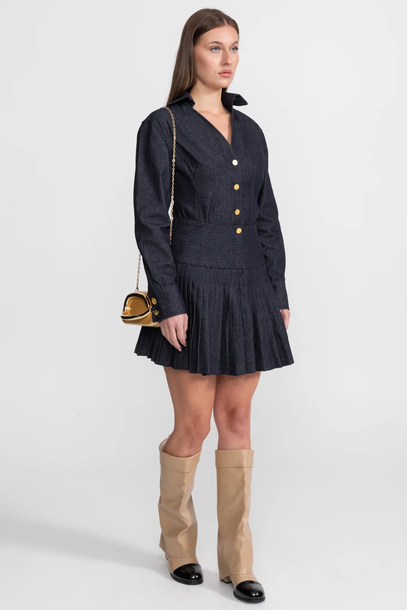 Two-Piece Set with Button-Up Long Sleeve Top and Pleated Skirt - Dark Blue
