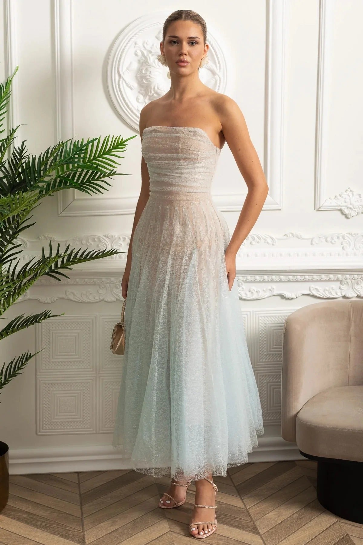 Strapless Sequin Midi Dress With Corset Bodice - Blue