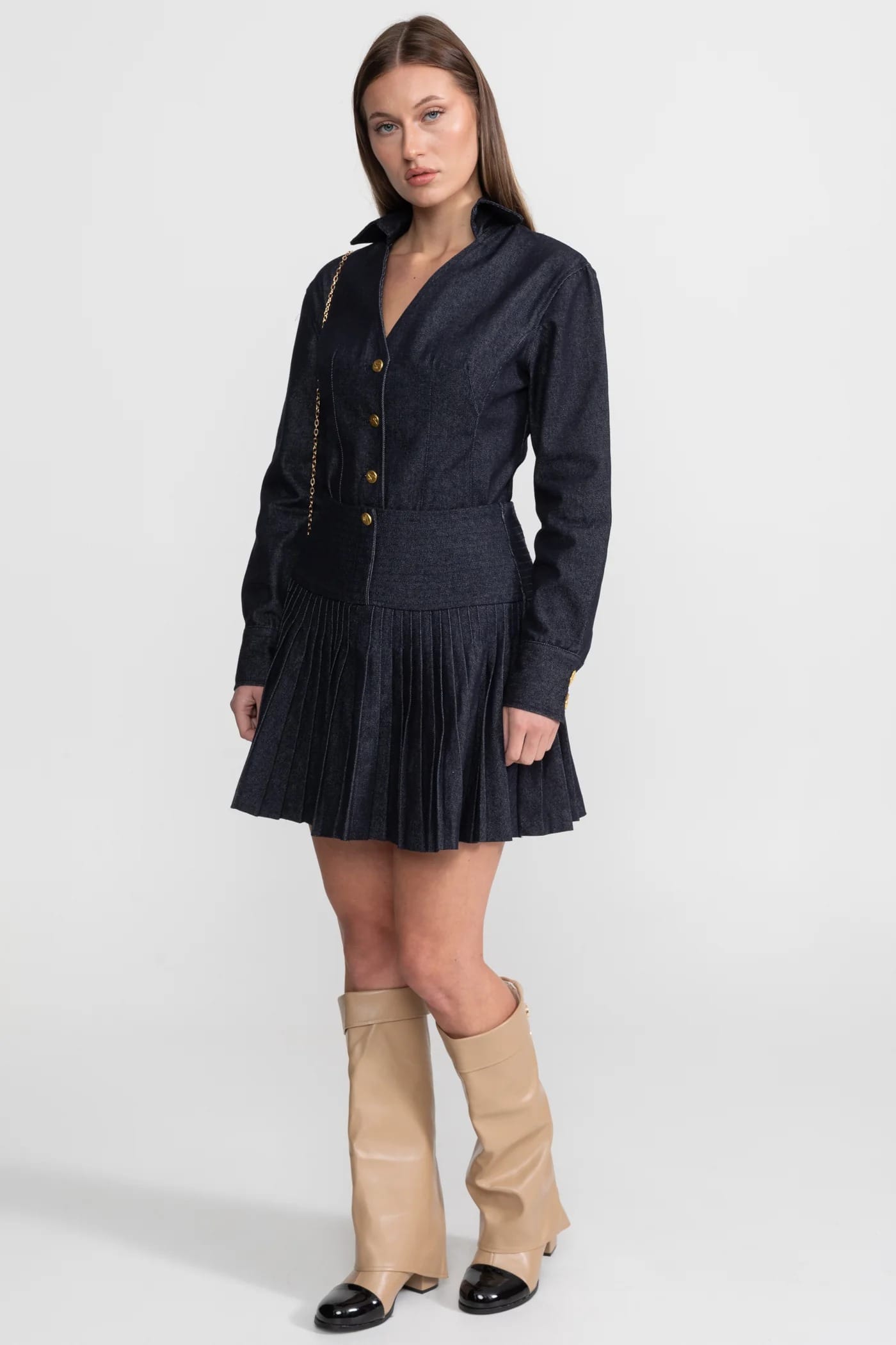 Two-Piece Set with Button-Up Long Sleeve Top and Pleated Skirt - Dark Blue