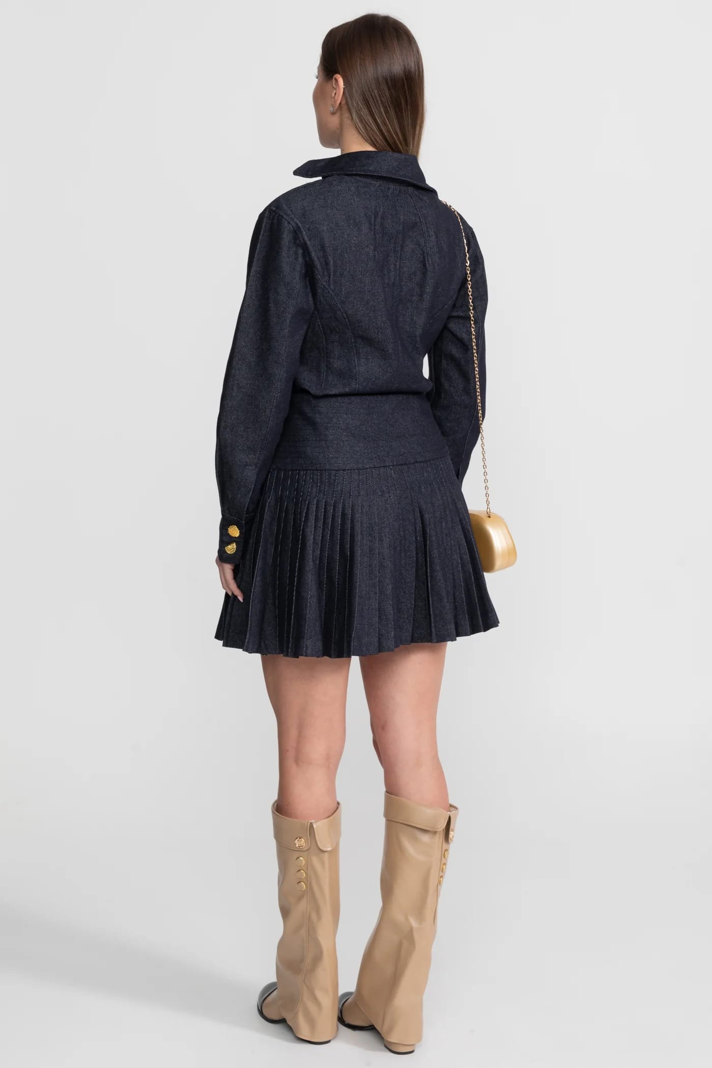 Two-Piece Set with Button-Up Long Sleeve Top and Pleated Skirt - Dark Blue