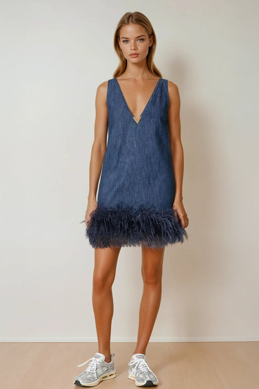 Mini Dress with Deep V-Neck and Feather Trim - Blue