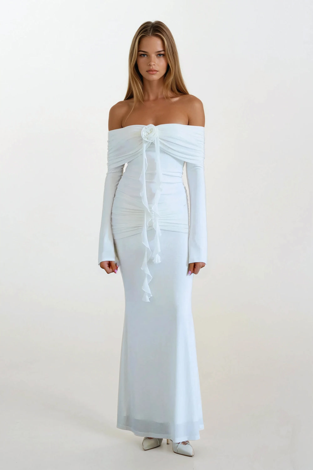 Off-Shoulder Ruched Maxi Dress - White