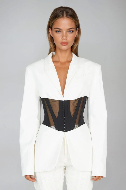 Blazer with Sheer Corset Detail - White