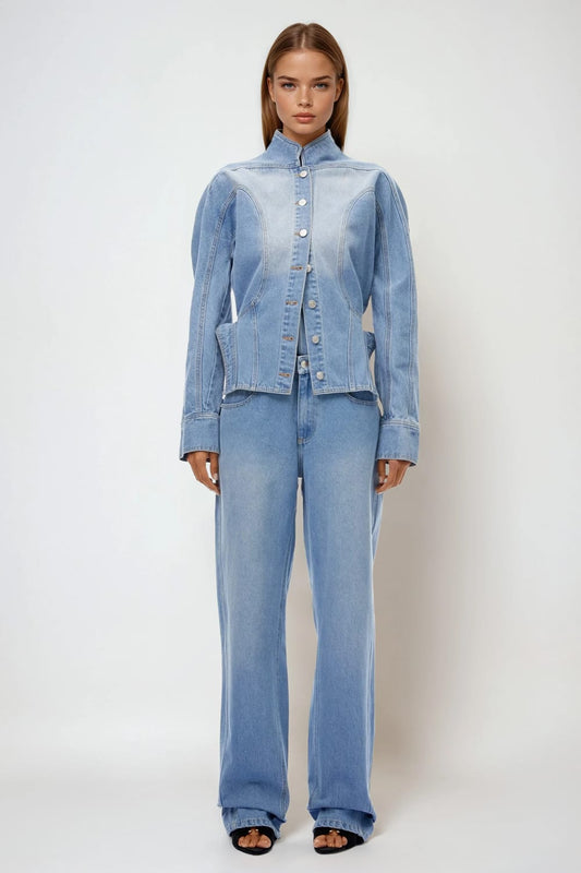 Structured High Neck Denim Jacket with Contoured Seams - Light Blue