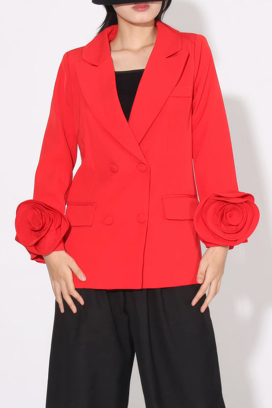 Elegant Double-Breasted Blazer with Rose Detail Sleeves