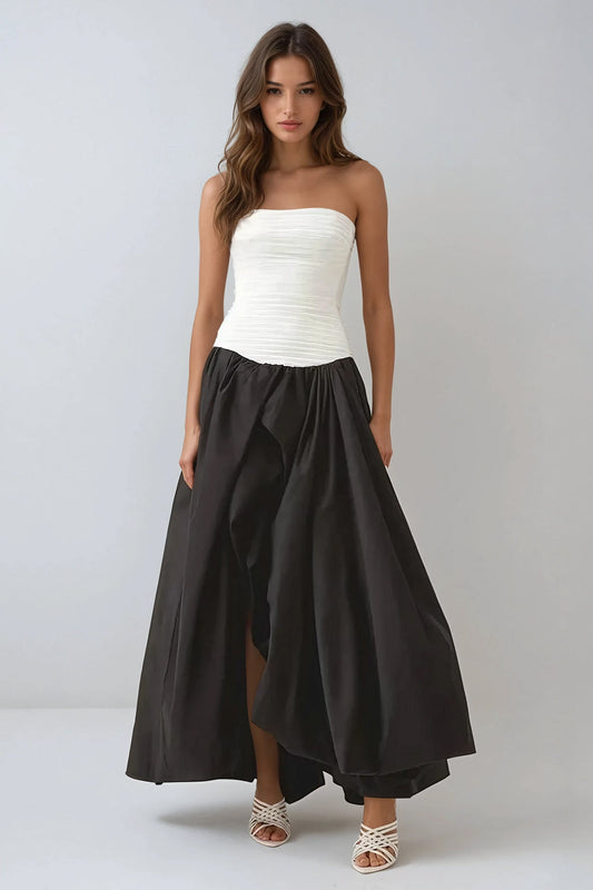Strapless Ruched Maxi Dress - Black White