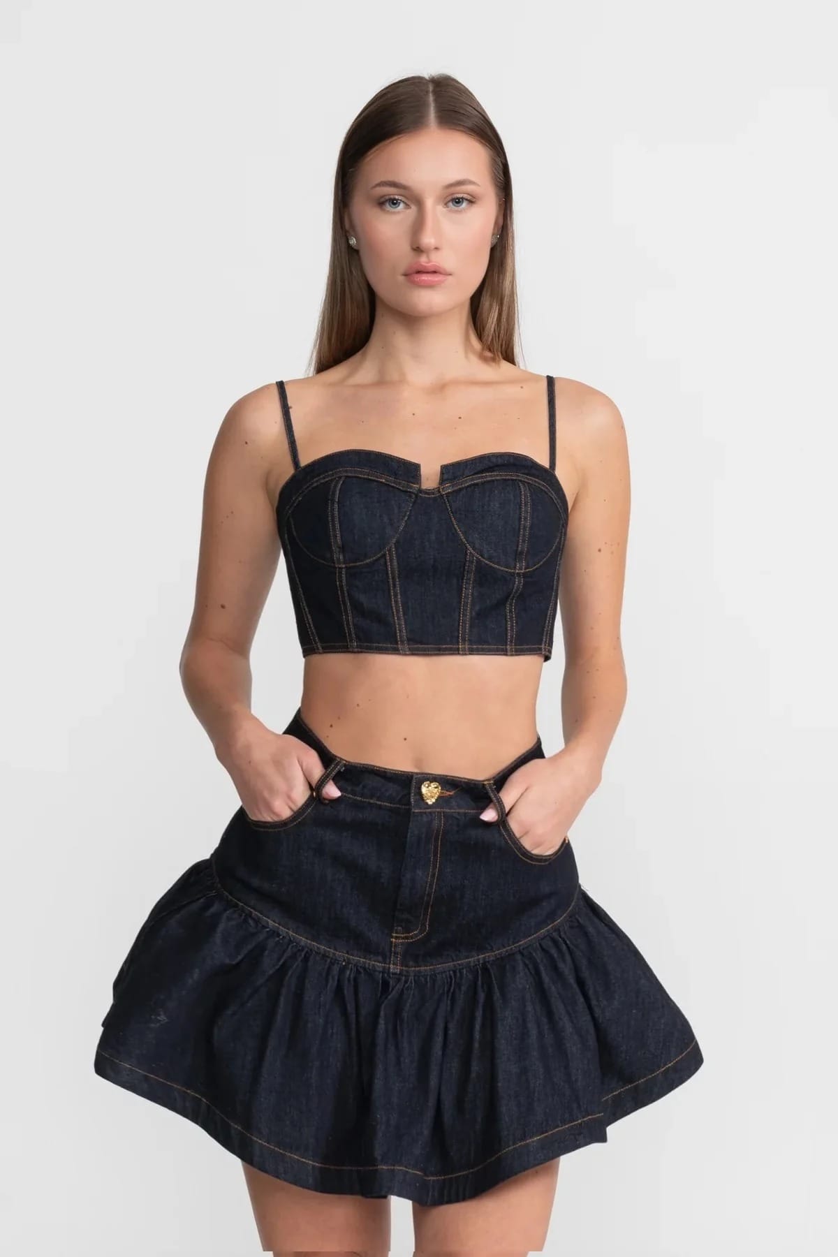 Two-Piece Set with Structured Top and Tiered Mini Skirt - Dark Blue