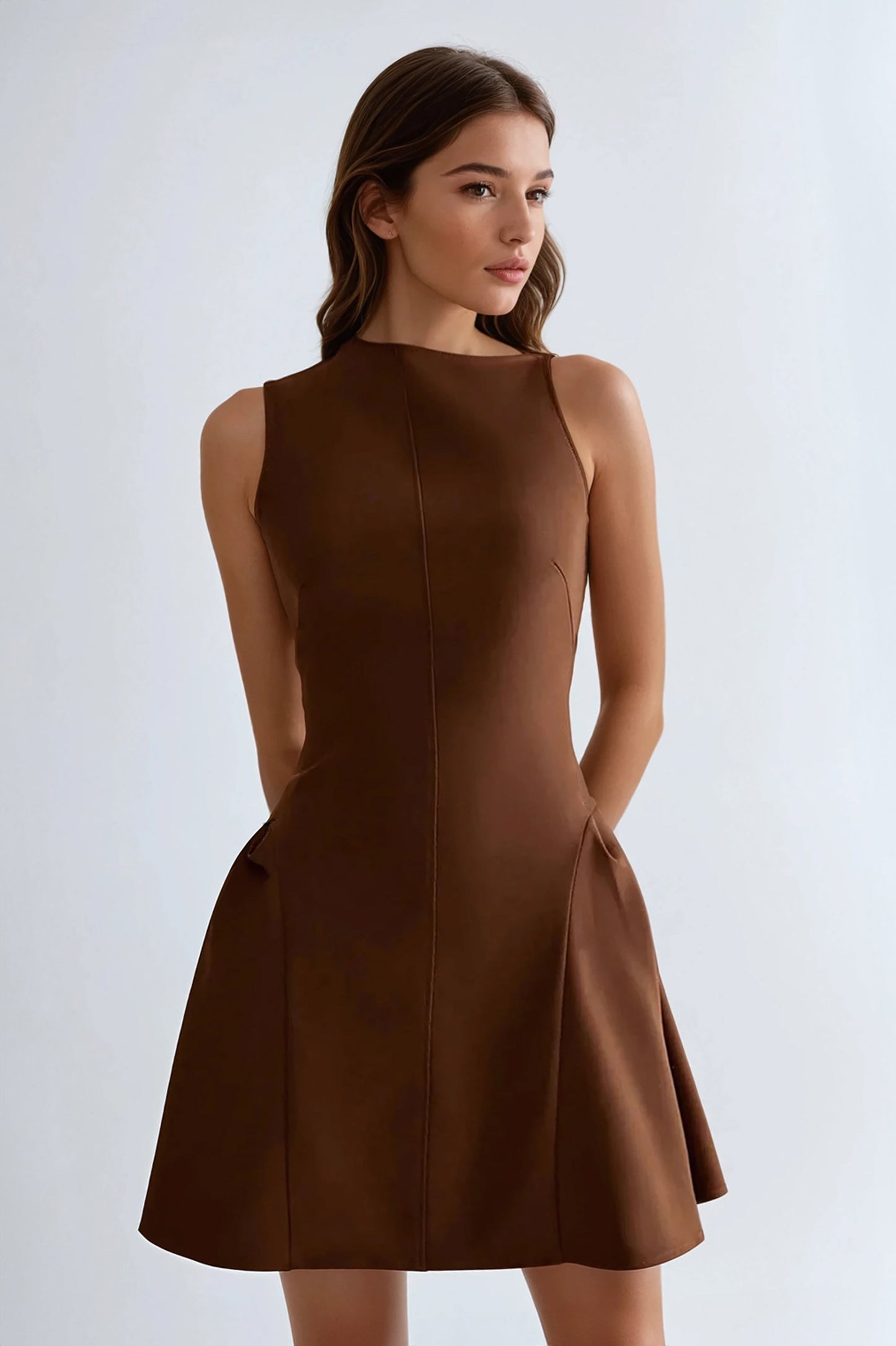 Sleeveless Mini A-Line Dress - Brown