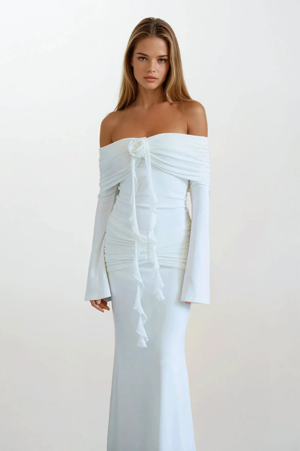 Off-Shoulder Ruched Maxi Dress - White