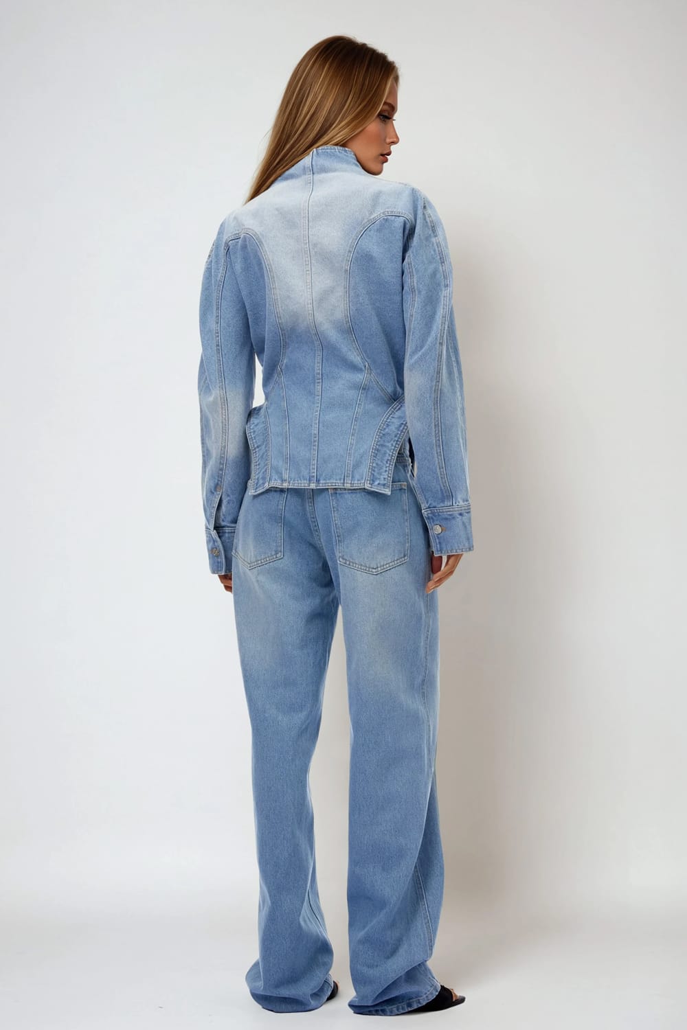 Structured High Neck Denim Jacket with Contoured Seams - Light Blue