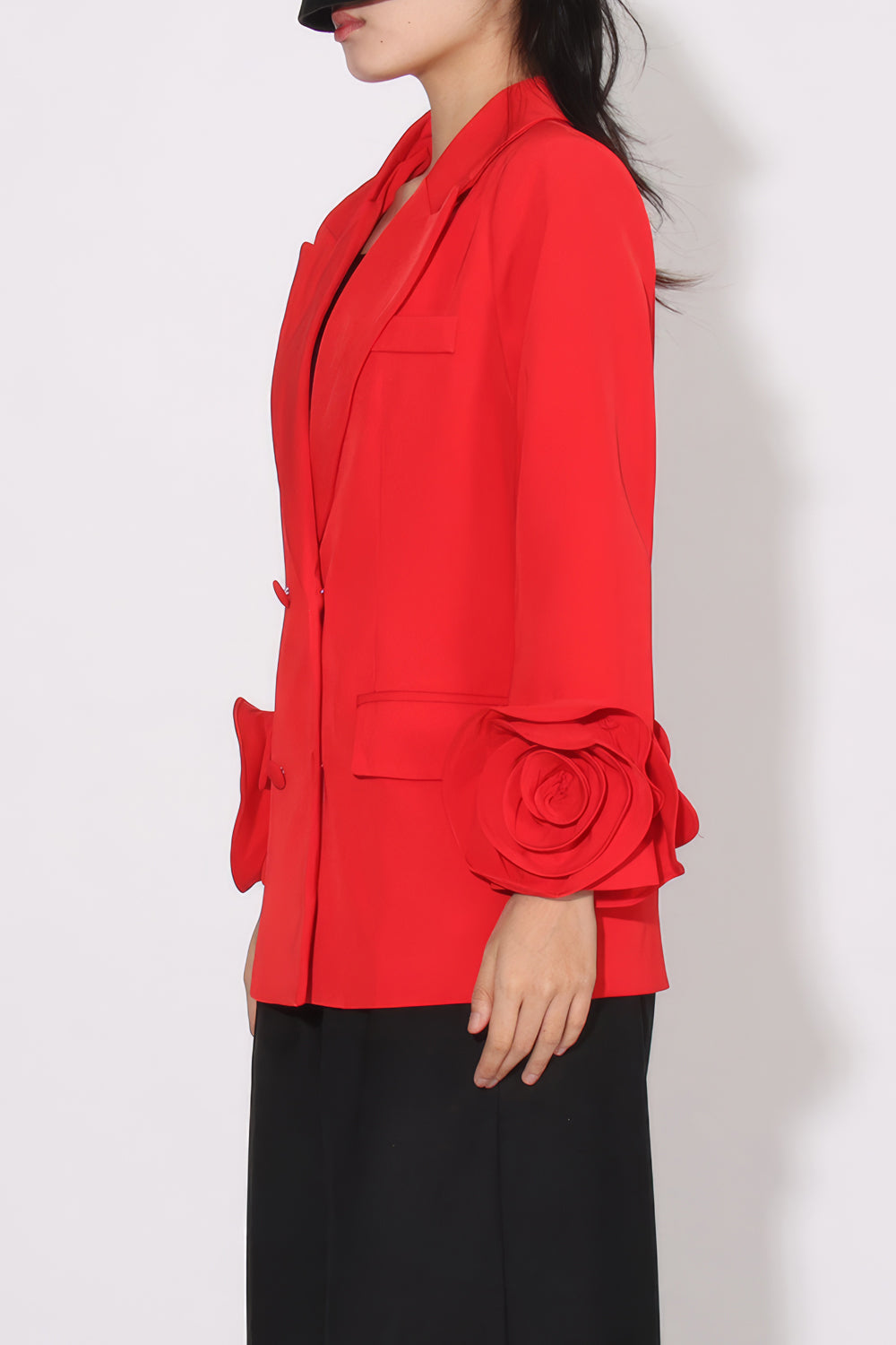 Elegant Double-Breasted Blazer with Rose Detail Sleeves