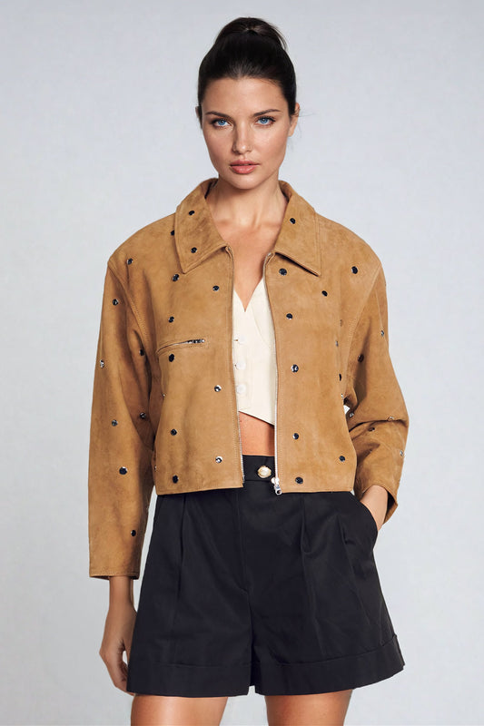 Studded Cropped Jacket - Brown