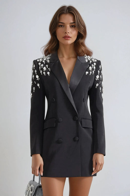 Double-Breasted Embellished Blazer Mini Dress - Black