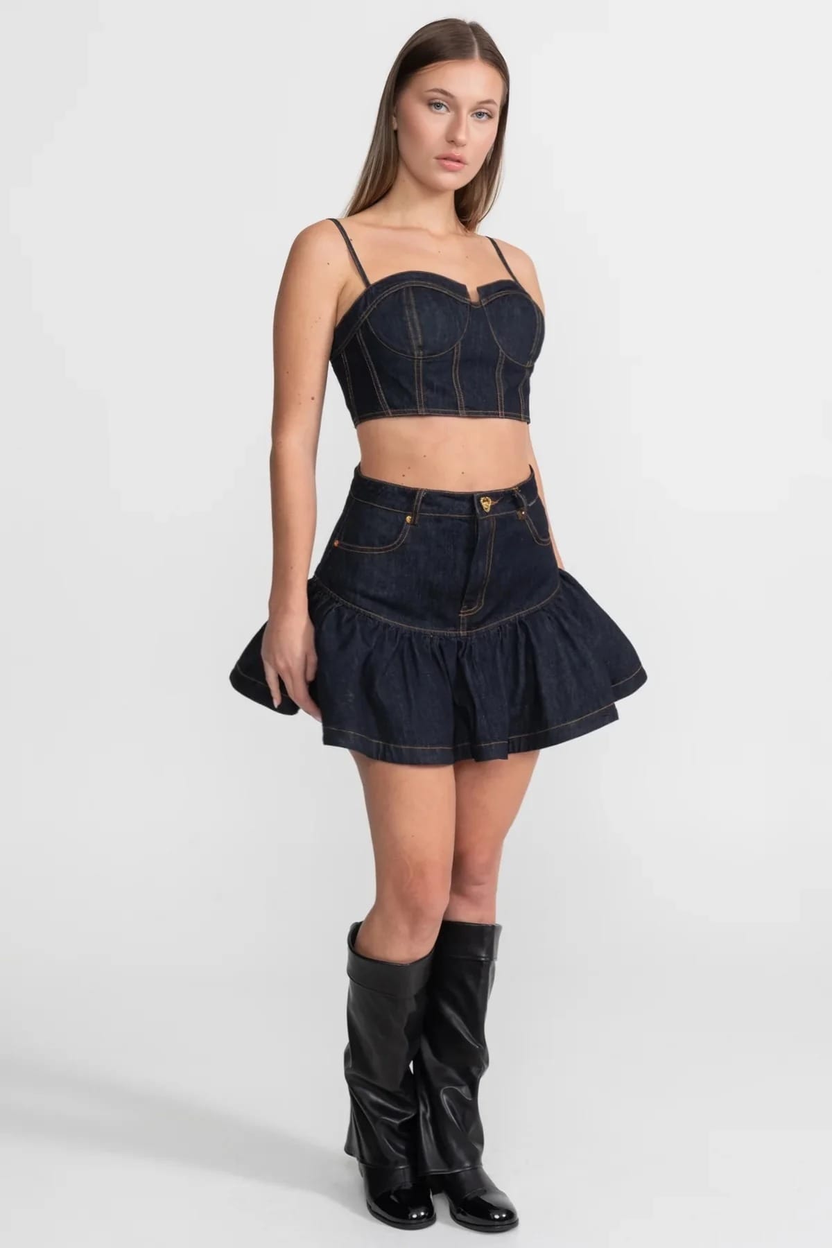 Two-Piece Set with Structured Top and Tiered Mini Skirt - Dark Blue