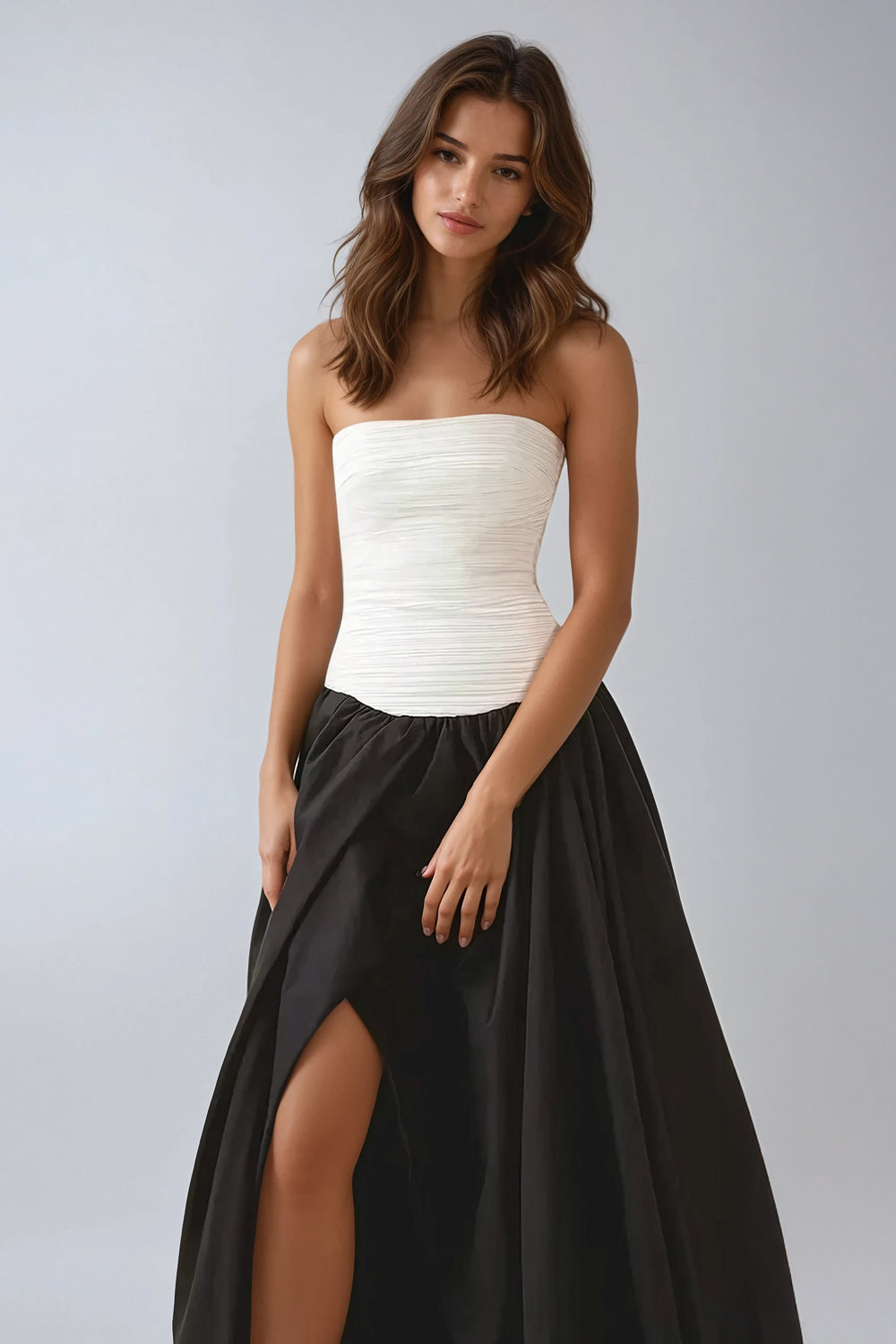 Strapless Ruched Maxi Dress - Black White