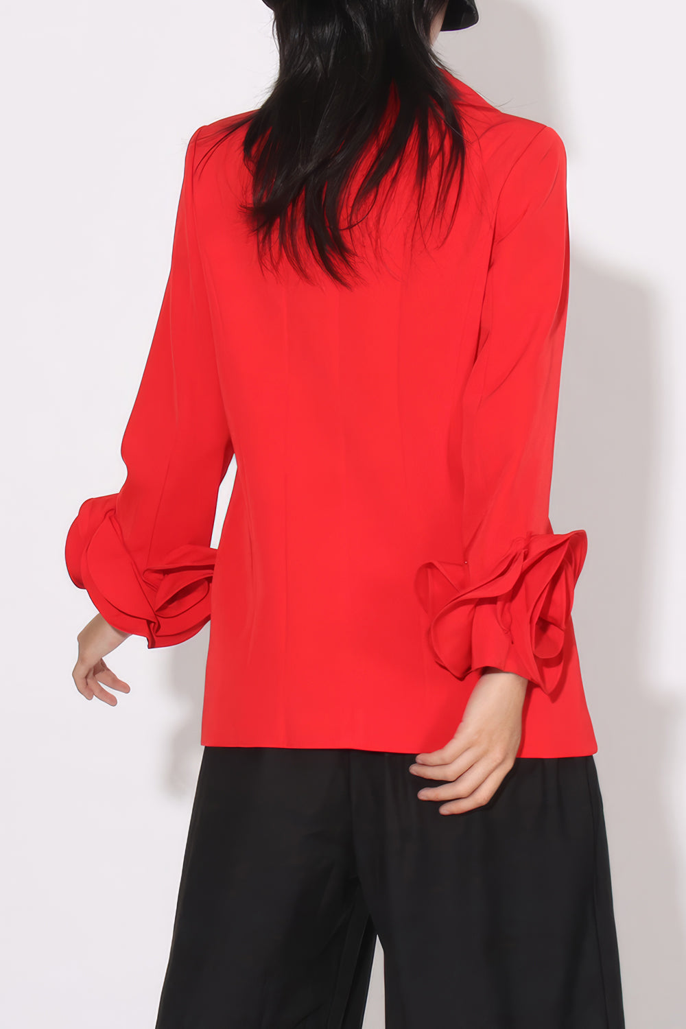 Elegant Double-Breasted Blazer with Rose Detail Sleeves