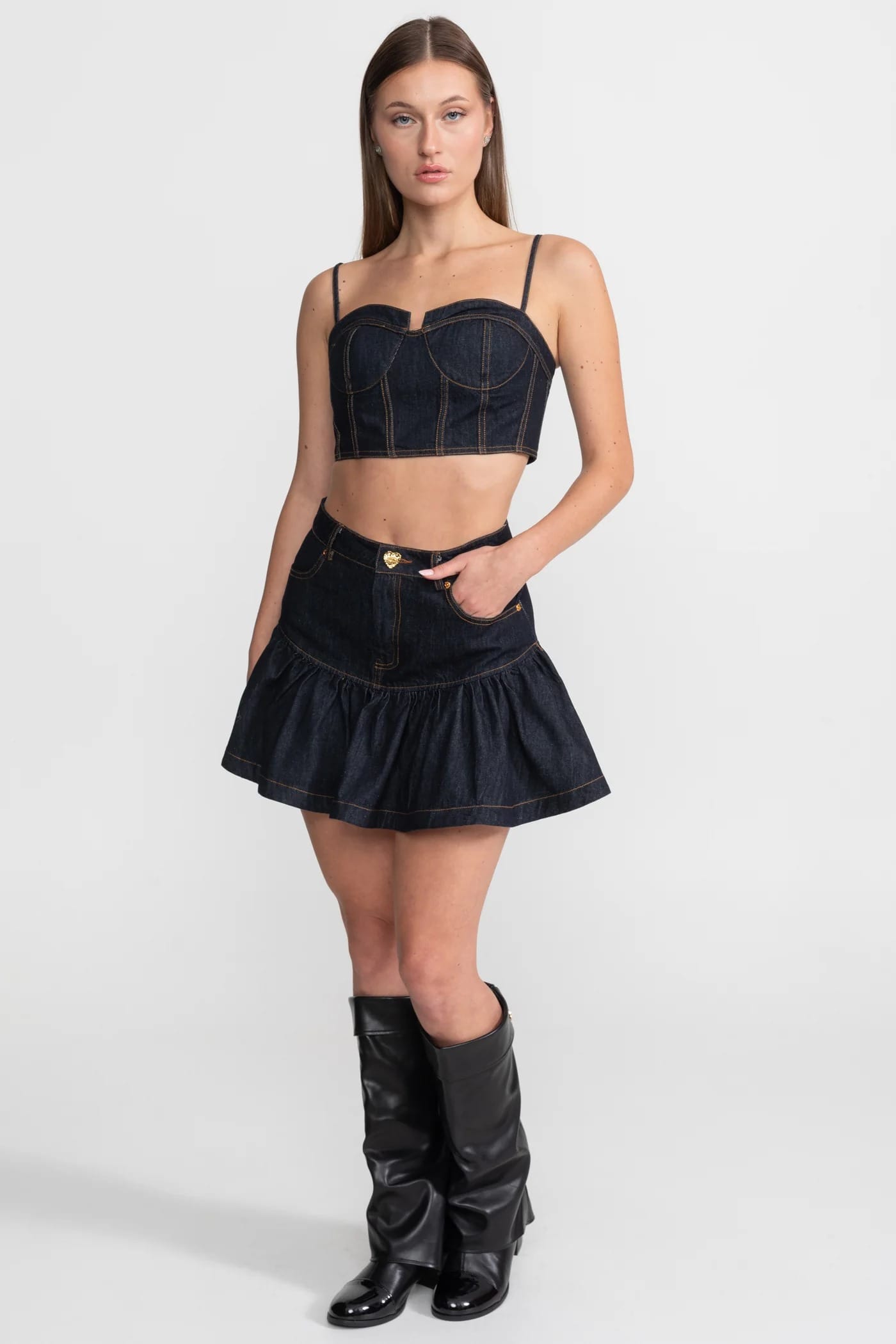 Two-Piece Set with Structured Top and Tiered Mini Skirt - Dark Blue