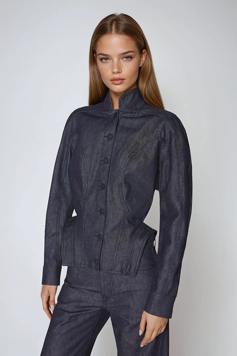 Structured High Neck Denim Jacket with Contoured Seams - Blue