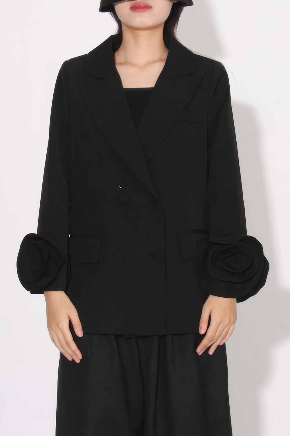 Elegant Double-Breasted Blazer with Rose Detail Sleeves