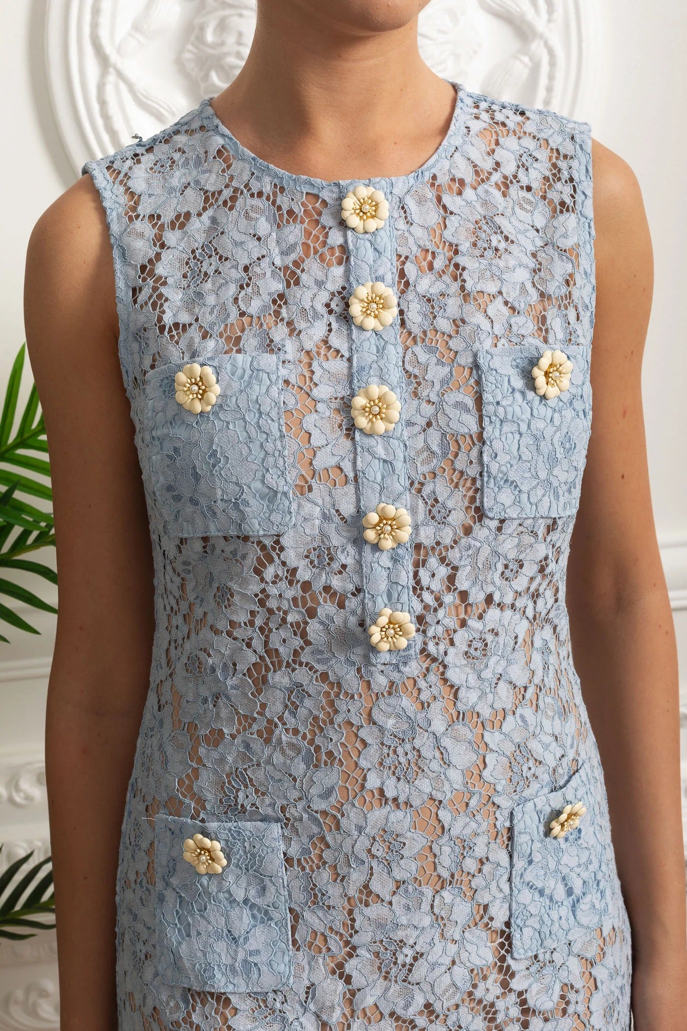 Sleeveless Lace Mini Dress With Floral Buttons - Blue