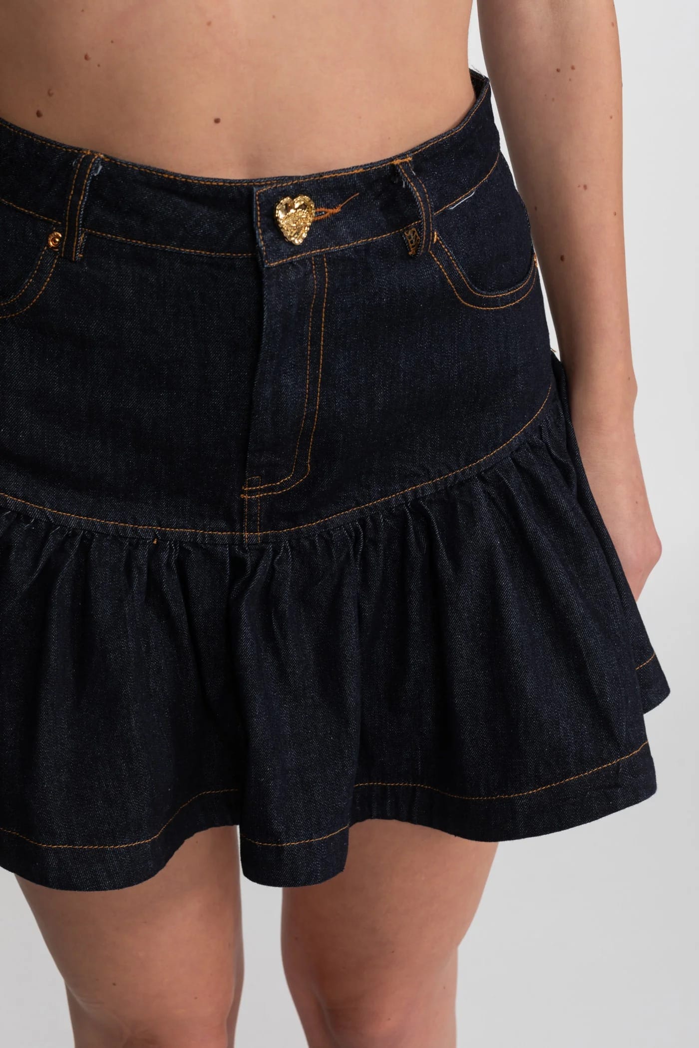 Two-Piece Set with Structured Top and Tiered Mini Skirt - Dark Blue