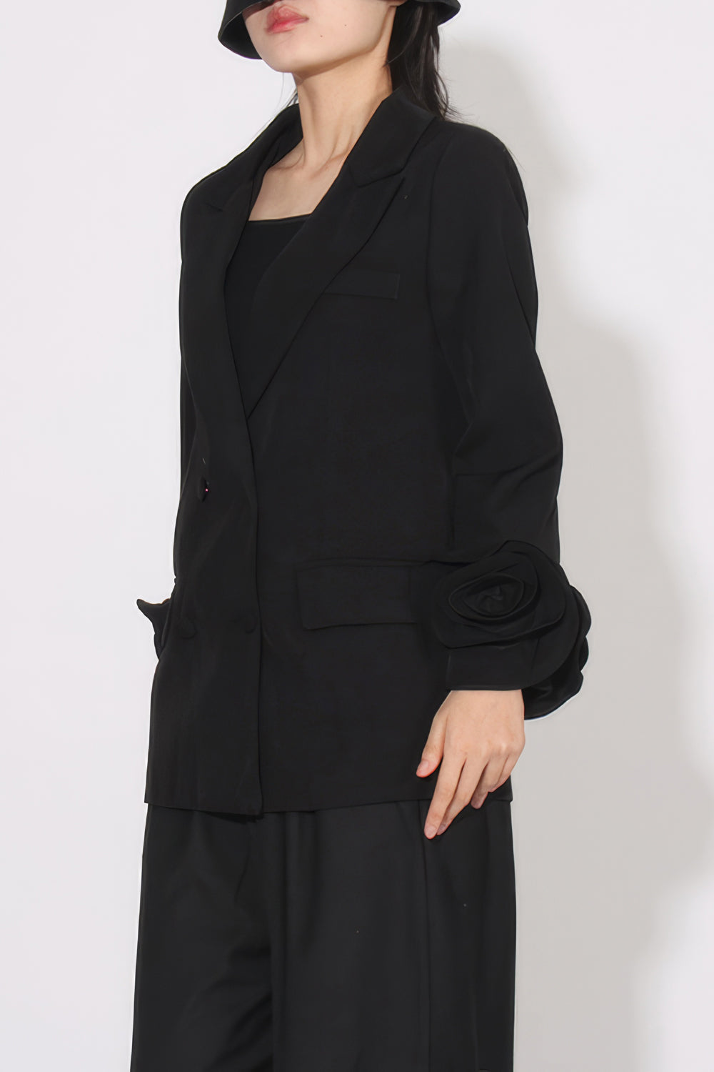 Elegant Double-Breasted Blazer with Rose Detail Sleeves