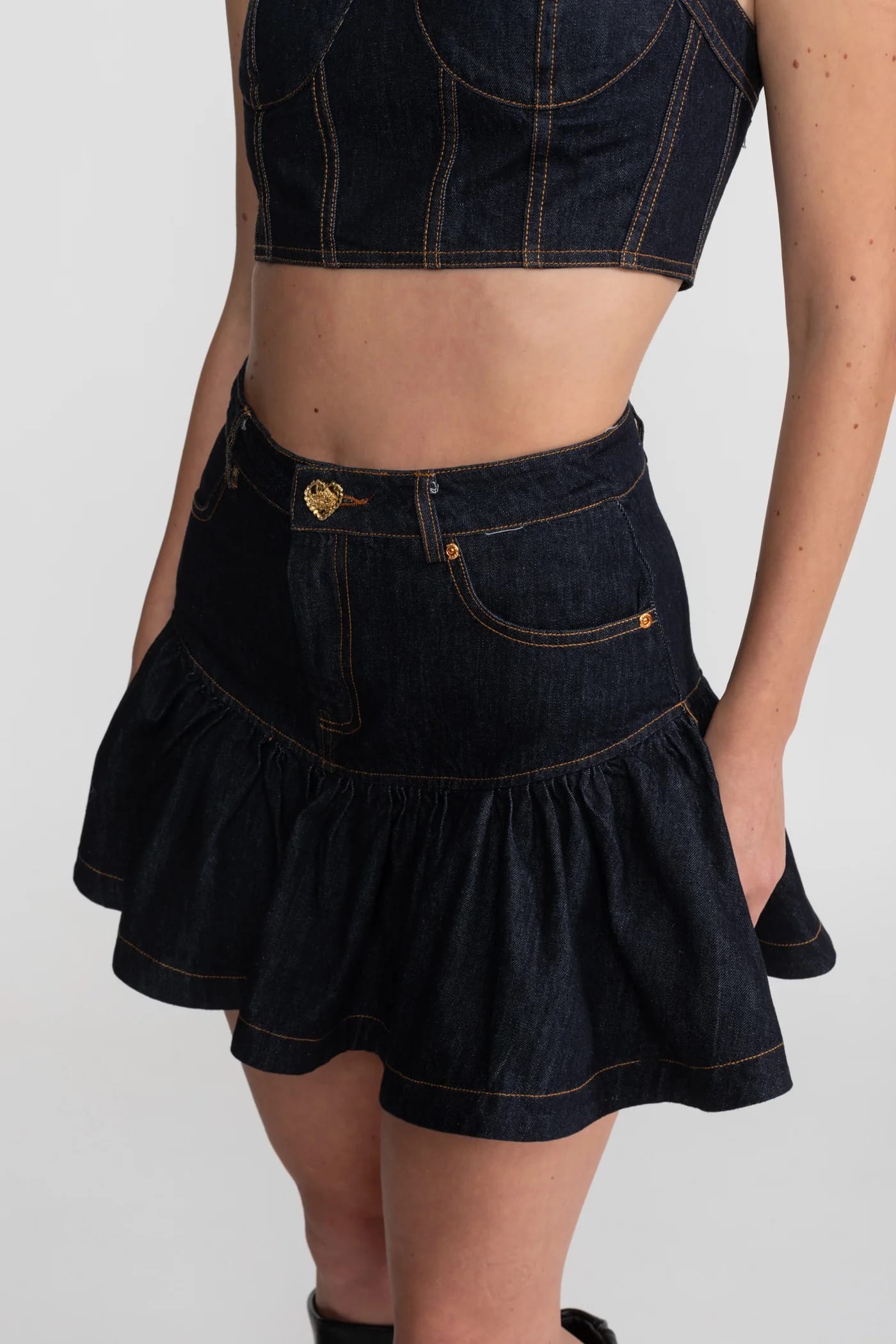 Two-Piece Set with Structured Top and Tiered Mini Skirt - Dark Blue