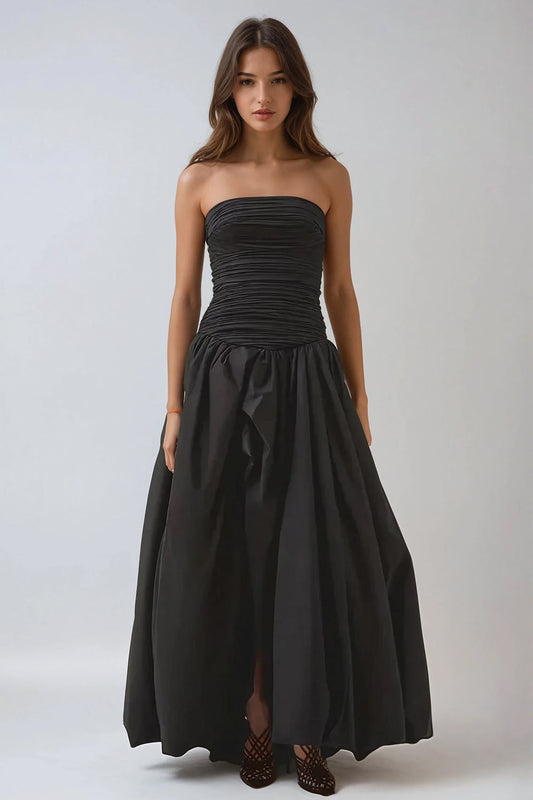 Strapless Ruched Maxi Dress - Black