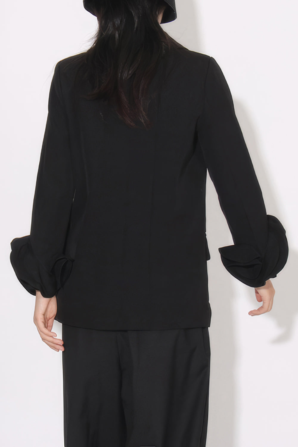 Elegant Double-Breasted Blazer with Rose Detail Sleeves