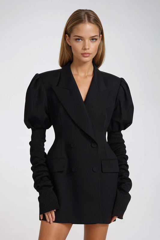 Puff Sleeve Blazer Style Mini Dress with Layered Long Sleeves - Black