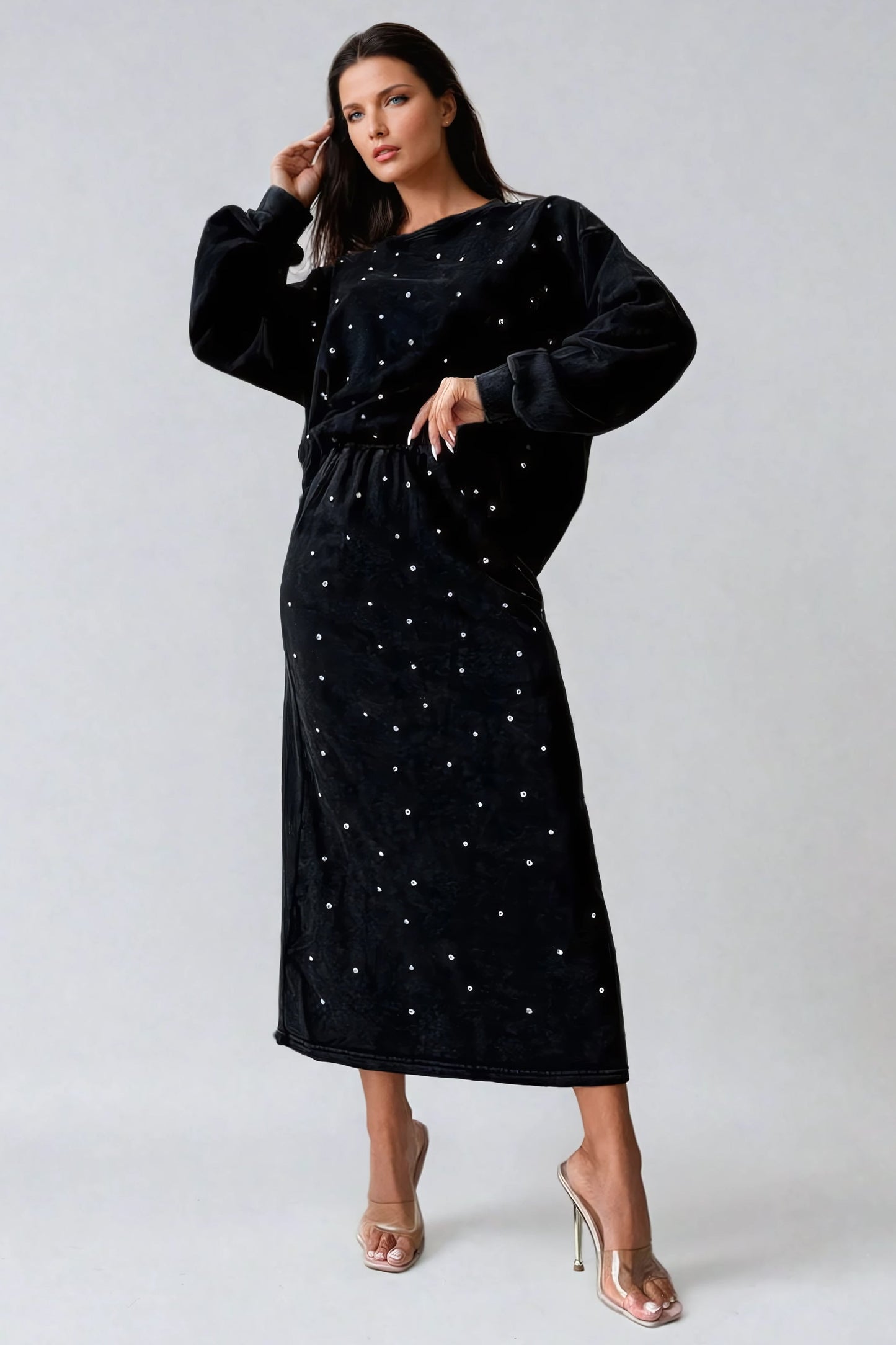 Midi Skirt with Embellished Design and Elastic Waistband - Black